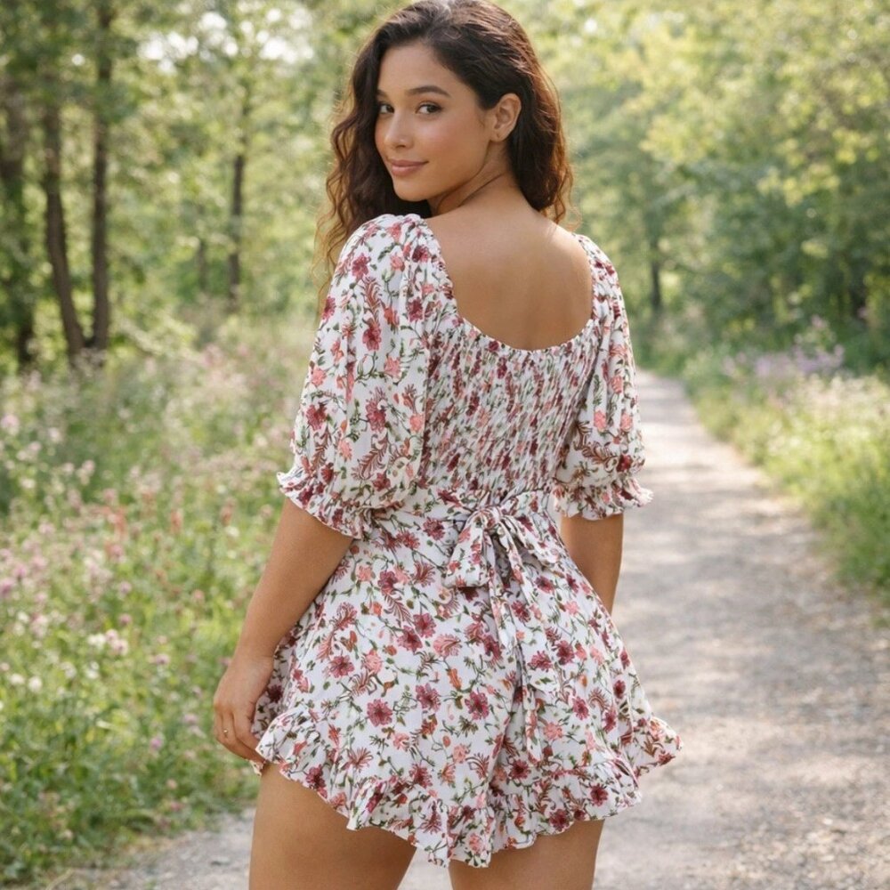 Flying Tomato Floral Romper Women’s L Spring Boho Fairycore Puff Sleeve